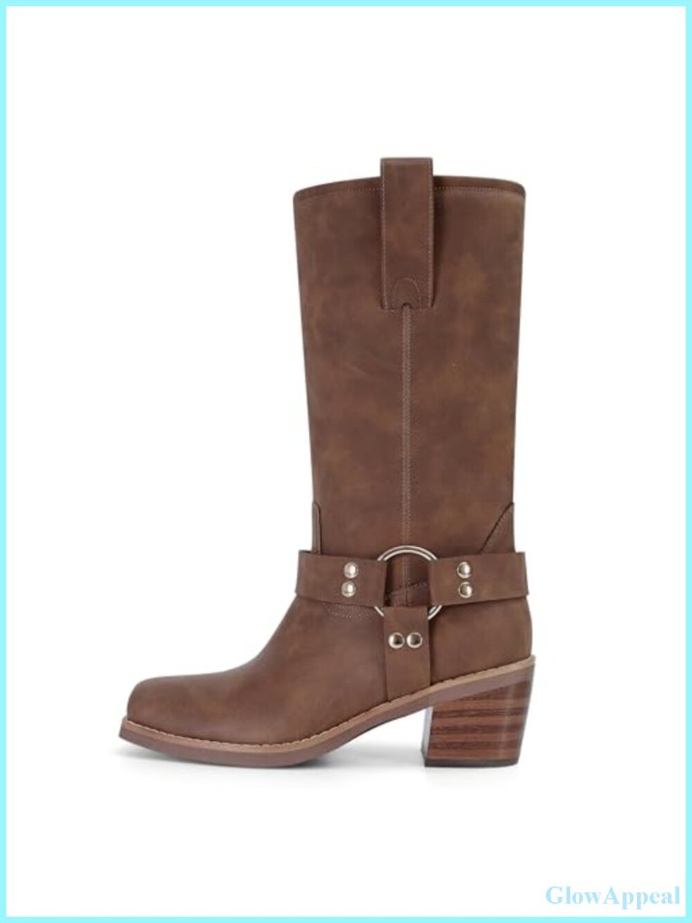 Square Toe Mid Calf Western Biker Boots Chunky Block Heel Faux Leather